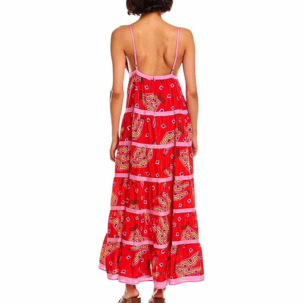 Farm Rio Tiki Bananas Coral Red Tiered Maxi Sundress Tropical/Resort/Summer - L - Picture 2 of 16